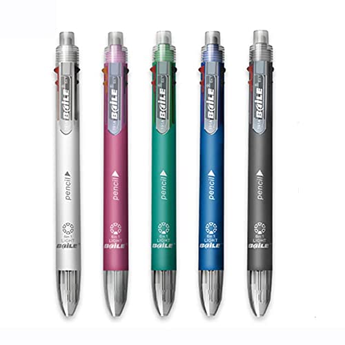 6-in-1-Kugelschreiber, mehrfarbig, 5 Farben, 1 automatischer Bleistift mit Radiergummi für Schule, Büro, Schreibbedarf (5 Stück) von MROOFUL