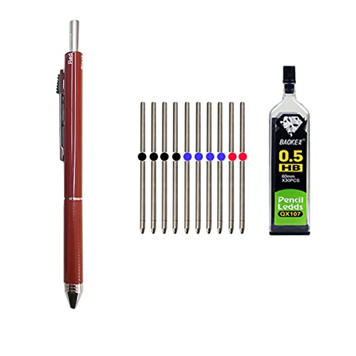 MROOFUL 4-in-1 mehrfarbiger Kugelschreiber, Metall-Multifunktionsstift, 3 Farben, Kugelschreibermine, Maschinenbleistift-Set, Schwerkraft-Sensor, Rot von MROOFUL
