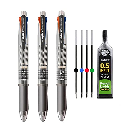 MROOFUL 5 in 1 Mittlere Spitze 1,0 mm Mehrfarbig Kugelschreiber 0,5 mm Druckbleistift 4 Farben Multifunktionsstift Multipack 3 Stück Druckkugelschreiber (Grau) von MROOFUL