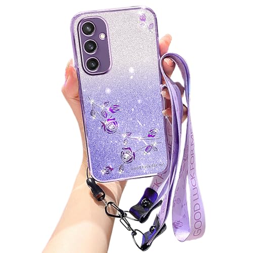 MRRSIWEI Crossbody-Schutzhülle für Samsung Galaxy S25, luxuriös, glitzernde Blume, mit Umhängeband, für Damen und Mädchen, stoßfest, niedliche Schutzhülle für Samsung Galaxy S25, Diamantblume, Violett von MRRSIWEI
