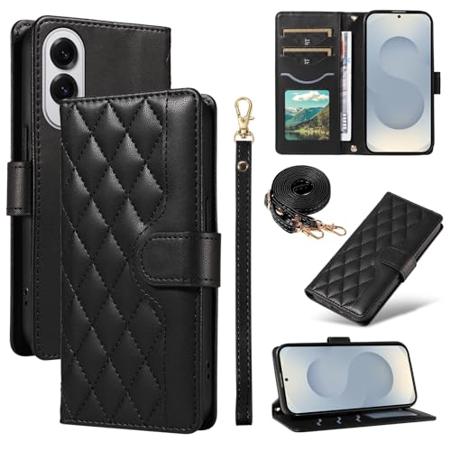 MRRSIWEI Crossbody-Schutzhülle für Samsung Galaxy S25 Edge (nicht S25) mit Kartenhalter, PU-Leder mit Ständer, Schlüsselband, für Damen und Mädchen, Schutzhülle für Samsung S25 Edge, Gitter-Schwarz von MRRSIWEI