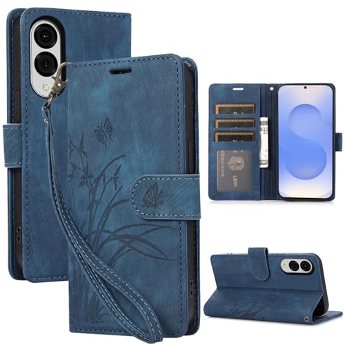 MRRSIWEI Schutzhülle für Samsung S25 Edge (nicht S25), Blumen- und Schmetterlings-Prägung, PU-Leder, magnetisch, mit Ständer, Kartenschlitz, Schmetterlingsblau von MRRSIWEI