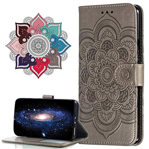 Hülle Kompatibel mit Huawei Y6 Pro 2017, Premium Leder Flip Schutzhülle [Standfunktion] [Kartenfächern] PU-Leder Schutzhülle Brieftasche Handyhülle für Huawei P9 Lite Mini. LD Mandala Grey von MRSTER