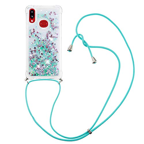 MRSTER Handykette Kompatibel mit Samsung Galaxy A10s, Glitzer Flüssig Bewegende Treibsand Handyhülle mit Necklace mask Lanyard Schutzhülle für Samsung Galaxy A10s. LP Love Green von MRSTER