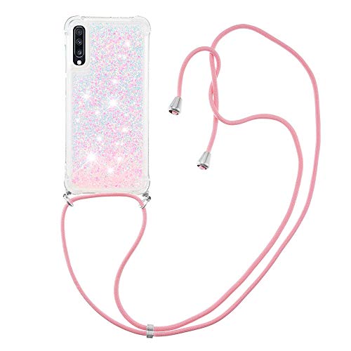 MRSTER Handykette Kompatibel mit Samsung Galaxy A70, Glitzer Flüssig Bewegende Treibsand Handyhülle mit Necklace mask Lanyard Schutzhülle für Samsung Galaxy A70. LP Star Pink von MRSTER