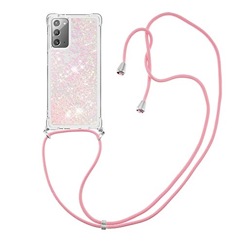 MRSTER Handykette Kompatibel mit Samsung Galaxy Note 20, Glitzer Flüssig Bewegende Treibsand Handyhülle mit Necklace mask Lanyard Schutzhülle für Samsung Galaxy Note 20. LP Star Pink von MRSTER