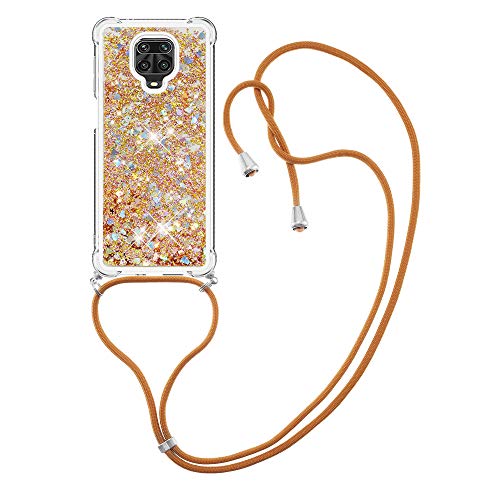 MRSTER Handykette Kompatibel mit Xiaomi Redmi Note 9S, Glitzer Flüssig Bewegende Treibsand Handyhülle mit Necklace mask Lanyard Schutzhülle für Xiaomi Redmi Note 9 Pro. LP Love Gold von MRSTER