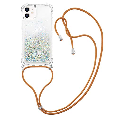 MRSTER Handykette Kompatibel mit iPhone 12, Glitzer Flüssig Bewegende Treibsand Handyhülle mit Necklace mask Lanyard Schutzhülle für iPhone 12 / iPhone 12 Pro 6.1”. LP Love Silver von MRSTER