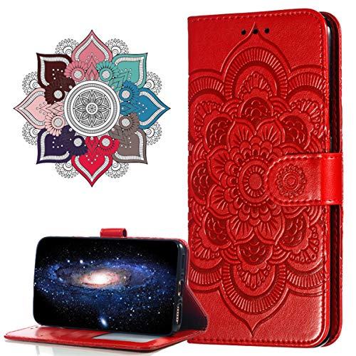 MRSTER Hülle Kompatibel mit iPhone XR, Premium Leder Flip Schutzhülle [Standfunktion] [Kartenfächern] PU-Leder Schutzhülle Brieftasche Handyhülle für Apple iPhone XR 2018. LD Mandala Red von MRSTER