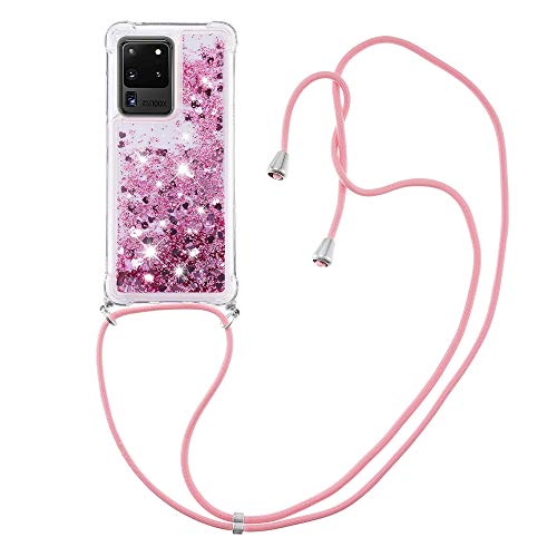 MRSTER Lanyard Schutzhülle für Samsung S21 Ultra Cover, Bling Flüssigkeit Pailletten Silikon stoßfest Kawaii Schutzhülle mit Seil Lanyard Case für Samsung Galaxy S21 Ultra 5G LP Love Rosa von MRSTER