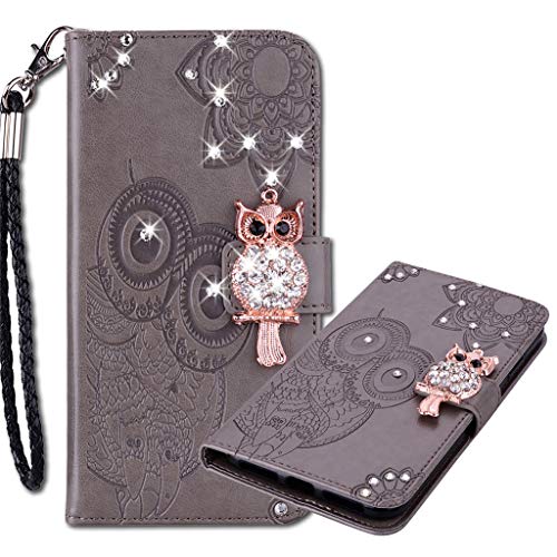 MRSTER Lederhülle Samsung Galaxy A51 Flip Hülle, 3D Prägung Eule Bling Diamond Schutzhülle mit Handschlaufe Voller Schutz Handyhülle für Samsung Galaxy A51. Owl Grey von MRSTER