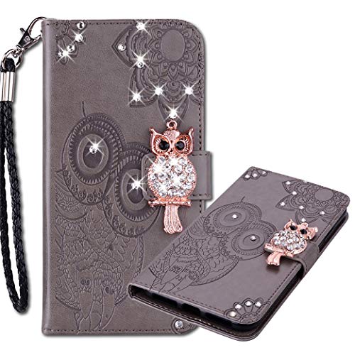 MRSTER Schutzhülle für Samsung Galaxy S20+, Leder-Schutzhülle mit Handschlaufe, glänzend, Flip Brieftasche, Motiv Eule Glitter Bling Diamant Schutzhülle für Samsung Galaxy S20 Plus, Owl Grey von MRSTER