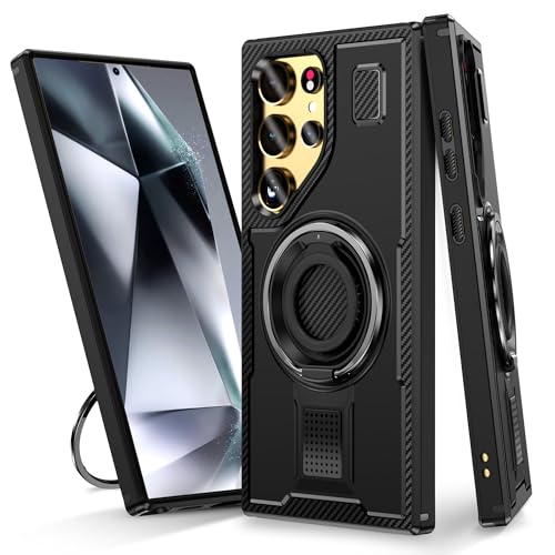MRVOEBC TPU & Hart PC Hülle Kompatibel mit Samsung Galaxy S24 Ultra 5G, Eingebauter 360° drehbarer Ringständer, Zweischichtige Robuste Stoßfeste Strapazierfähige Handyhülle (Schwarz) von MRVOEBC
