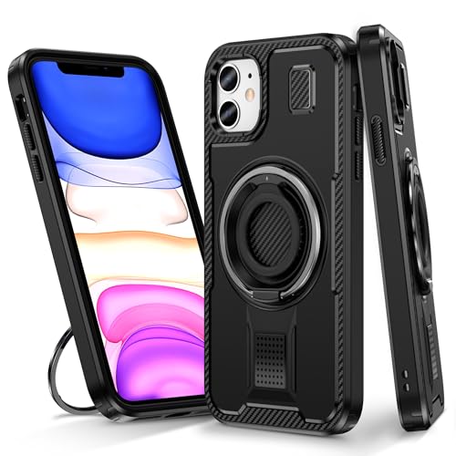 MRVOEBC TPU & Hart PC Hülle Kompatibel mit iPhone 11, Eingebauter 360° drehbarer Ringständer, Zweischichtige Robuste Stoßfeste Strapazierfähige Handyhülle (Schwarz) von MRVOEBC