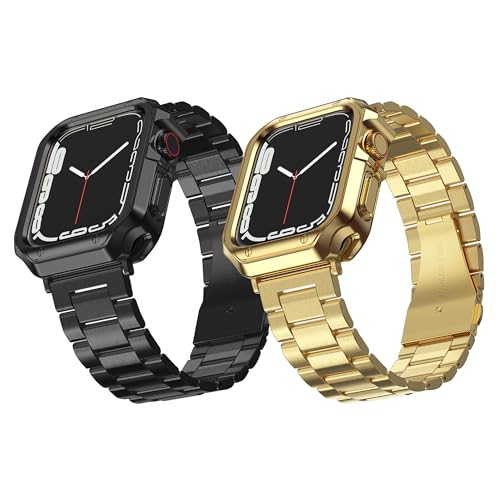 Armband für Apple Watch, Armband für i-Watch Serie 9, 8, 7, 6, 5, 4, 3, 2, 1 SE, Edelstahl-Metallkette mit TPU-Abdeckung, Smart-Watch-Gliederarmband, 45 mm, 44 mm, 42 mm, Schwarz + Gold, 2 Stück von MRYUESG