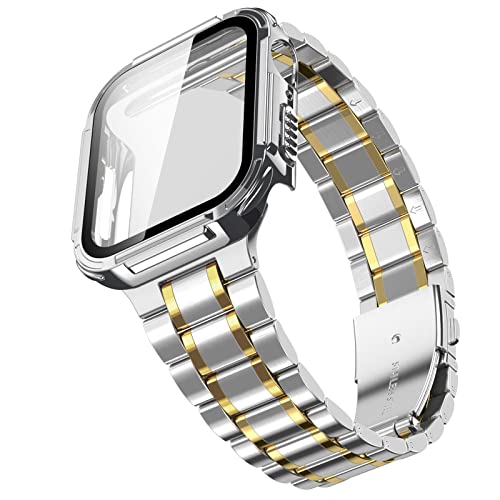Armband für Apple Watch mit Schutzhülle und Displayschutz aus gehärtetem Glas, Edelstahl-Metallkette, Smart-Watch-Armband, Armband für i-Watch Serie 6/5/4/SE, 44 mm, Silber + Gold von MRYUESG