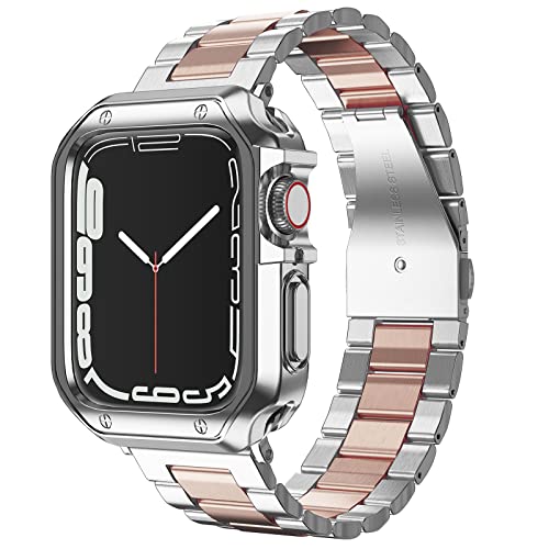 Entworfen für Apple Watch Band und Gehäuse, Edelstahl-Metallkette mit TPU-Abdeckung, Smart-Watch-Gliederarmband, Armband für i-Watch Serie 9, 8, 7, 6, 5, 4, 3, 2, 1 SE, 41/40/38 mm, Silber + Roségold von MRYUESG