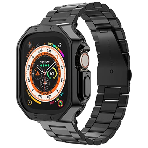 MRYUESG Kompatibel mit Apple Watch Band, i-Watch Armband für Serie 7, 6, 5, 4, 3, 2, 1 SE, Edelstahl-Metallkette mit Schutzhülle, iPhone Smart-Watch Armband, Gliederarmband, 45 mm, 42 mm, schwarz von MRYUESG