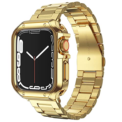 MRYUESG Kompatibel mit Apple Watch Band, i-Watch Armband für Serie 7, 6, 5, 4, 3, 2, 1 SE, Edelstahl-Metallkette mit Schutzhülle, iPhone Smart-Watch Armband, Gliederarmband, 45 mm, 44 mm, 42 mm, Gold von MRYUESG