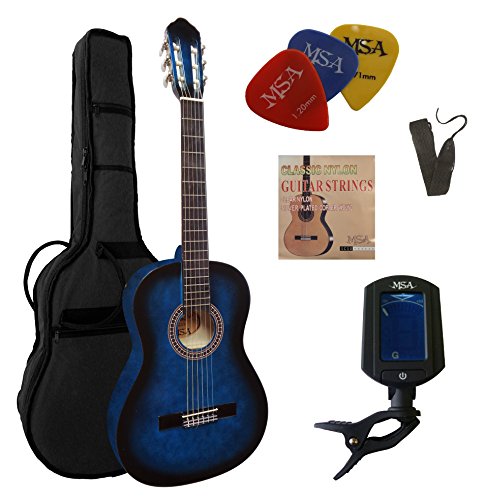 4/4 GITARRE - KONZERTGITARRE IM SET - CLASSIC - BLAU SCHATTIERT - DECKE LINDE - STIMMGERÄT - TASCHE - BAND - NYLONSAITEN - 3xPIKS von MSA Musikinstrumente