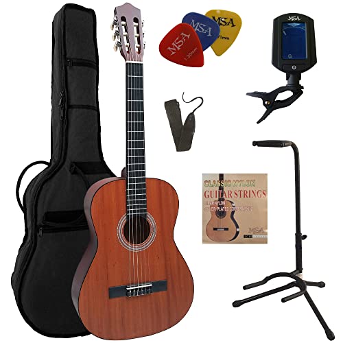 4/4 GITARRE - MAHAGONI KONZERTGITARRE IM SET - CLASSIC - NATUR - TASCHE - BAND - SAITEN - 3xPLEKTRON - STIMMGERÄT - STÄNDER von MSA Musikinstrumente