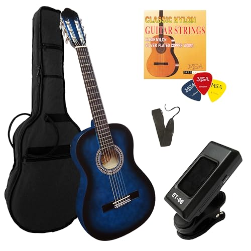 4/4 Gitarre im Set - Konzertgitarre - Classic - Lindenholz - Stimmgerät - Tasche - Band - Saiten - 3xPleks (Blau) von MSA Musikinstrumente