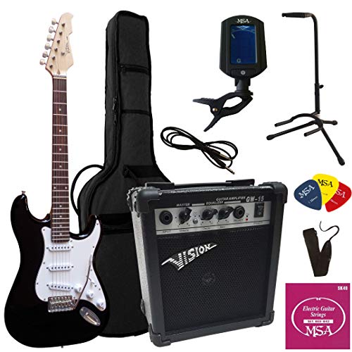 ELEKTROGITARRE SCHWARZ - E-GITARRE SET - 20WATT VERSTÄRKER - STIMMGERÄT - GITARRENSTÄNDER - TASCHE - BAND - SAITEN - 3xPLEKS - 9-TEILIG von MSA Musikinstrumente