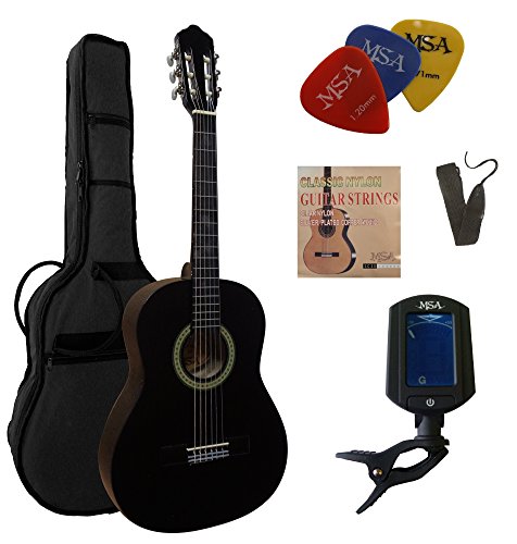 3/4 GITARRE - KONZERTGITARRE IM SET - CLASSIC - SCHWARZ - DECKE LINDENHOLZ - TASCHE - BAND - SAITEN - 3xPIK - STIMMGERÄT ET33B - C5 von MSA