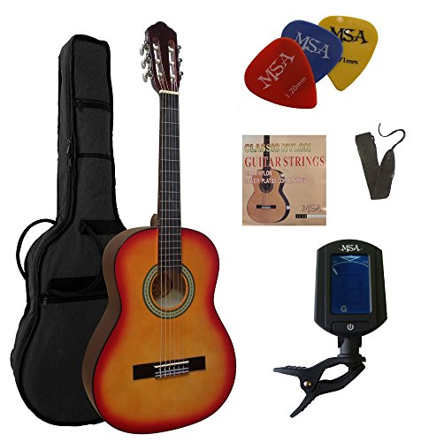 3/4 GITARRE - KONZERTGITARRE IM SET - CLASSIC - SUNBURST - DECKE LINDENHOLZ - TASCHE - BAND - SAITEN - 3xPIK - STIMMGERÄT ET33B - C6 von MSA