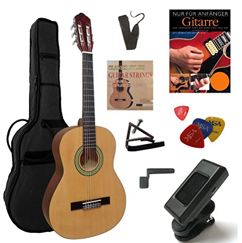 3/4 KONZERTGITARRE - LERNINSTRUMENT - CLASSIC NATUR HOCHGLANZ - DECKE LINDE - 10 TEILIGES STARTER SET ! - LERNBUCH + CD - STIMMGERÄT - KAPO - KURBEL - PIK - u.v.m von MSA