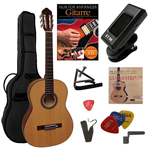 4/4 GITARRE - KONZERTGITARRE IM 10-TEILIGEN STARTERSET - CLASSIC - NATUR - DECKE FICHTE FURNIERT - TASCHE - BAND - STIMMGERÄT - SCHULE - CK115 von MSA