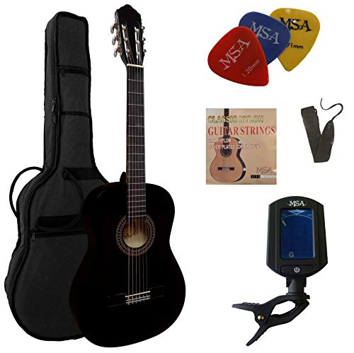 4/4 GITARRE - KONZERTGITARRE IM SET - CLASSIC - SCHWARZ BLACK- DECKE LINDE - STIMMGERÄT - TASCHE - BAND - NYLONSAITEN - 3xPIKS von MSA.