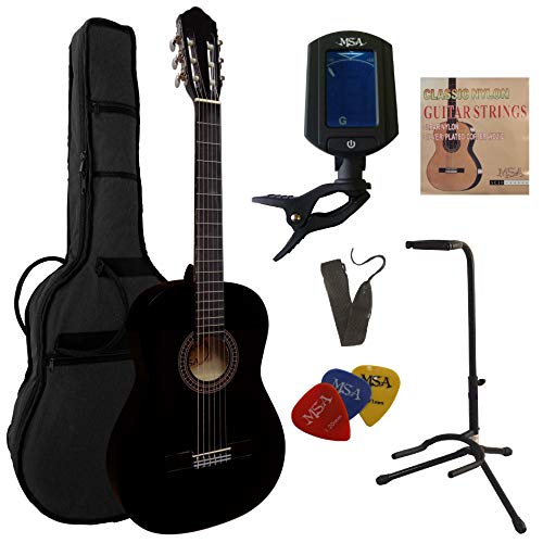 4/4 GITARRE - KONZERTGITARRE IM SET - CLASSIC SCHWARZ - DECKE LINDENHOLZ - TASCHE - BAND - SAITEN - 3xPIK - STIMMGERÄT - GITARRENSTÄNDER - STARTER SET von MSA