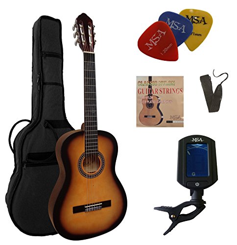 4/4 GITARRE - KONZERTGITARRE IM SET - CLASSIC - SUNBURST - LINDENHOLZ DECKE - TASCHE - BAND - SAITEN - 3xPLEKTRON - STIMMGERÄT ET33B - C25 von MSA.