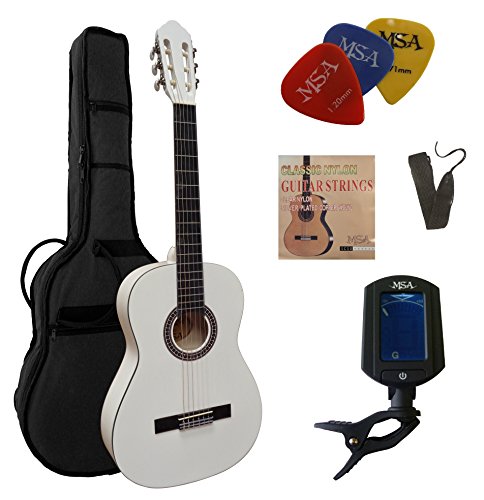 4/4 GITARRE - KONZERTGITARRE IM SET - CLASSIC - WEIß - DECKE LINDENHOLZ - TASCHE - BAND - SAITEN - 3xPIK - STIMMGERÄT ET33B - C26 von MSA