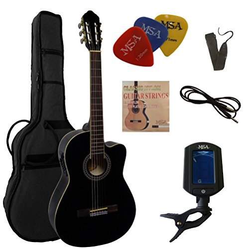 4/4 GITARRE MIT TONABNEHMER - KONZERTGITARRE IM SET - CLASSIC - SCHWARZ - MIT 4-BAND EQ - TASCHE - BAND - SAITEN - 3xPIK - STIMMGERÄT ET33B - CK111 von MSA