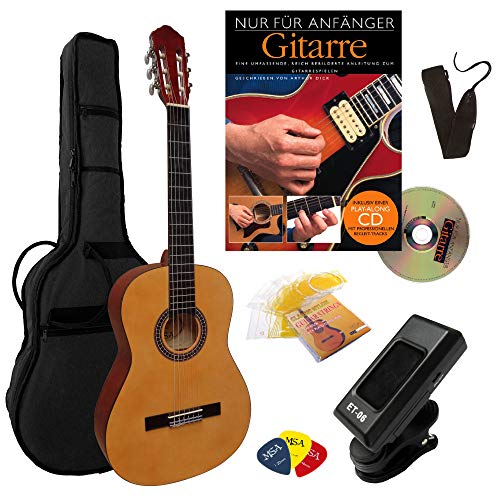 4/4 KONZERTGITARRE STARTER SET - KOMPLETTSET - STIMMGERÄT - LERNBUCH SCHULE - GITARRE NATUR - TASCHE - BAND - SAITEN - 3xPIK von MSA.