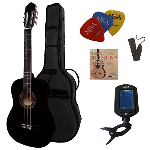 4/4 LINKSHAND GITARRE - KONZERTGITARRE IM SET FÜR LINKSHÄNDER - CLASSIC - SCHWARZ - DECKE LINDENHOLZ - TASCHE - BAND - SAITEN - 3xPIK - STIMMGERÄT ET33B - CK110L von MSA.