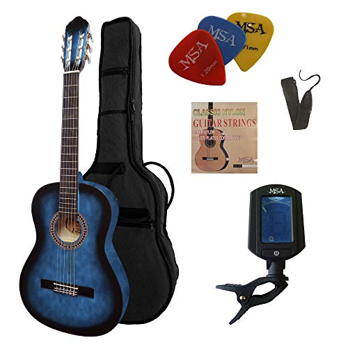 4/4 LINKSHAND GITARRE - KONZERTGITARRE SET FÜR LINKSHÄNDER - CLASSIC - BLAU-SCHATTIERT - DECKE LINDENHOLZ - TASCHE - BAND - SAITEN - 3xPIK - STIMMGERÄT ET33B - C23L von MSA.