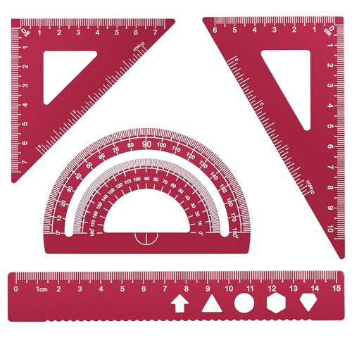 MSDADA 4 Stück Aluminiumlegierung Lineal Set Winkelmesser Dreieck Mathematik Geometrie Set Werkzeug Skala Lineal Set für Schüler Lehrer Ingenieure und Zeichner(Rose Rot) von MSDADA