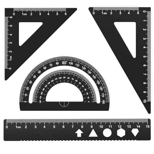 MSDADA 4 Stück Aluminiumlegierung Lineal Set Winkelmesser Dreieck Mathematik Geometrie Set Werkzeug Skala Lineal Set für Schüler Lehrer Ingenieure und Zeichner(Schwarz) von MSDADA