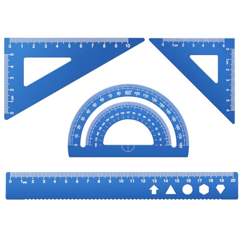 MSDADA 4 Stück Lineal-Set aus Aluminiumlegierung Winkelmesser Mathematik Geometrie Set Werkzeug Ideal zum Zeichnen Messen für Schülern, Lehrern, Architekten, Ingenieuren(Blau) von MSDADA