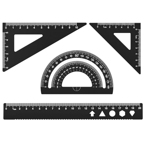 MSDADA 4 Stück Lineal-Set aus Aluminiumlegierung Winkelmesser Mathematik Geometrie Set Werkzeug Ideal zum Zeichnen Messen für Schülern, Lehrern, Architekten, Ingenieuren(Schwarz) von MSDADA