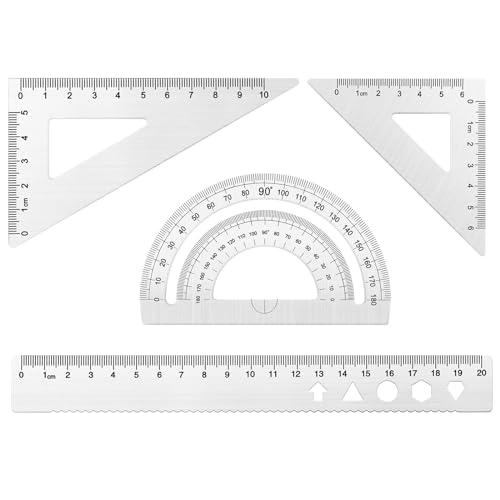 MSDADA 4 Stück Lineal-Set aus Aluminiumlegierung Winkelmesser Mathematik Geometrie Set Werkzeug Ideal zum Zeichnen Messen für Schülern, Lehrern, Architekten, Ingenieuren(Silber) von MSDADA