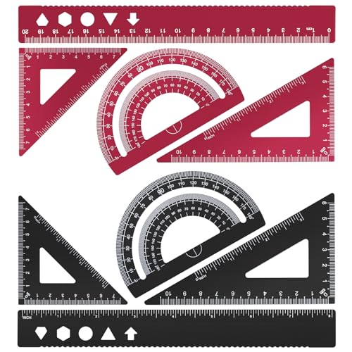 MSDADA 8 Stück 20cm Lineal-Set aus Aluminiumlegierung Winkelmesser Mathematik Geometrie Set Werkzeug Ideal zum Zeichnen Messen für Schülern Lehrern Architekten Ingenieuren(Schwarz+Rot) von MSDADA