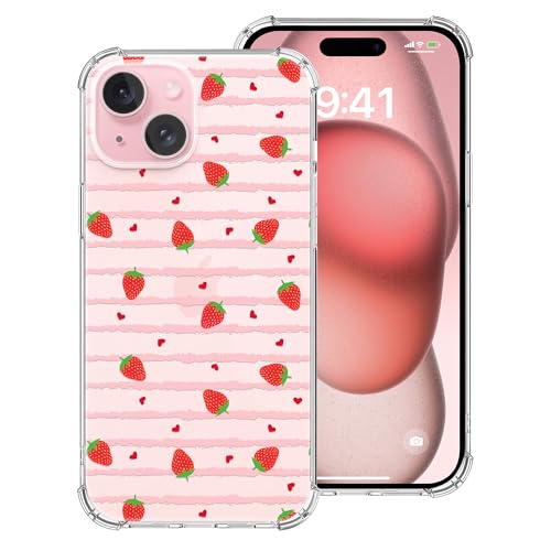MSEAANBK Schutzhülle für iPhone 15, Motiv: Erdbeerherz, rosa Streifen, transparente Schutzhülle für iPhone 15, für Damen und Mädchen, Handyhülle mit 4 Ecken, stoßfester Schutz, schlanke Passform MSEAANBK Schutzhülle für iPhone 15, Motiv: Erdbeerherz, rosa Streifen, transparente Schutzhülle für iPhone 15, für Damen und Mädchen, Handyhülle mit 4 Ecken, stoßfester Schutz, schlanke Passform von MSEAANBK