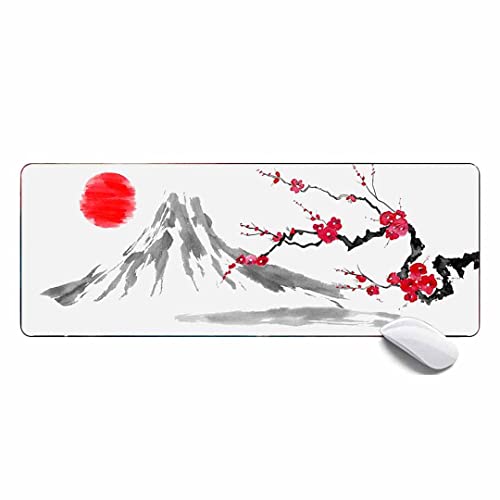 Japan Painting Fuji Mountain Blossom Gaming Mauspad XL, erweitertes großes Mauspad, Schreibtischunterlage, 80 x 30 x 0,30 cm, genähte Kanten von MSHAJ