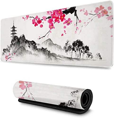 Watercolor Japanese Hills Cherry Blossom Pretty Large Mouse Pad For Desk Gaming Mouse Pad XL,Extended Mouse Pad Desk Pad 31.5x11.8x0.12IN,Stitched Edges Non Slip Mousepad,Tastatur and Laptop von MSHAJ