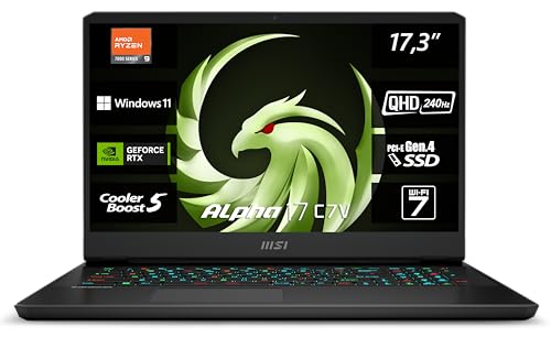 MSI Alpha 17 C7VG-031 , Gaming Laptop, 43,9 cm (17,3 Zoll) QHD, 240 Hz, AMD Ryzen 9 7945HX, 32 GB DDR5-5200, 1 TB SSD, NVIDIA GeForce RTX 4070, Windows 11 Home, QWERTZ Tastatur, Schwarz von MSI