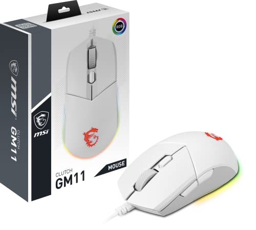 MSI CLUTCH GM11 WHITE Gaming Maus - Optischer Sensor 5.000 DPI, symmetrisch, 10Mio+ Click OMRON-Switches, 6 Tasten, 1ms Latenz, RGB Mystic Light, 89g - kabelgebunden, weiß von MSI